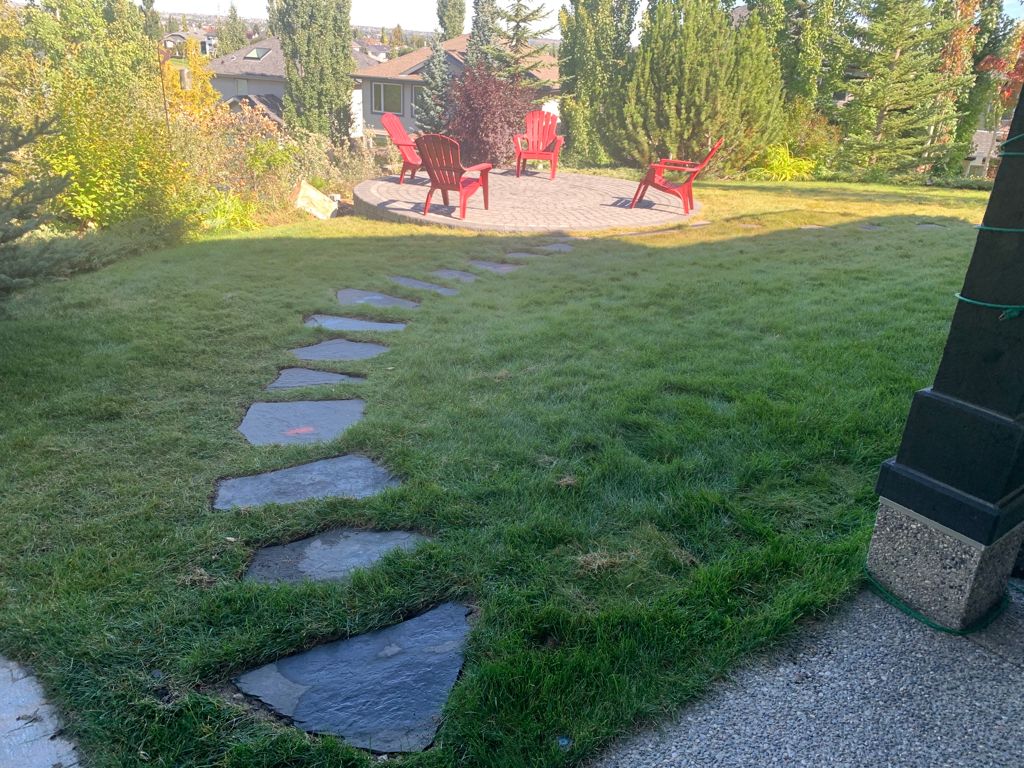 Stepping Stones embedded inside grass leading to backyard patio area